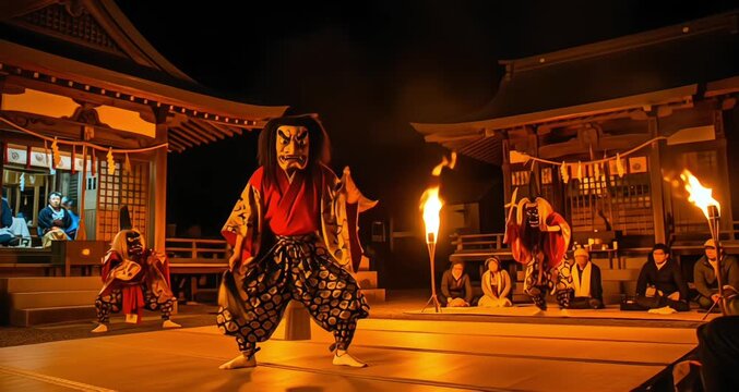Traditional Japanese Kagura dance performance featuring a masked demon figure on a wooden shrine stage at night illuminated by fire torches