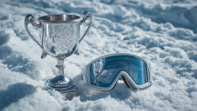 Shiny trophy on bright snowy ground beside blue ski goggles, glinting under alpine sun. bright. sun