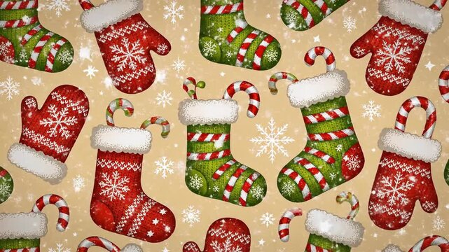 Festive christmas stocking and mitten pattern on beige background
