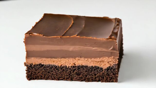 Chocolate cake square layered with creamy mousse filling, glossy ganache layer and decadent slice