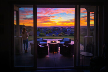 A young woman enjoys a cup of coffee on a home's tile deck while she watches the city lights come on under a colorful sunset.