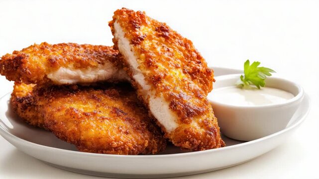Crispy breaded chicken cutlet with creamy dipping sauce, fried chicken comfort meal and parsley