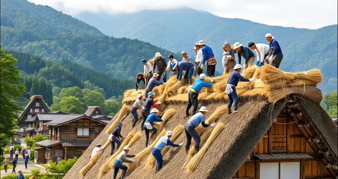 Large group of villagers repairing traditional Gassho-zukuri thatched roof in historic Shirakawa-go village Japan