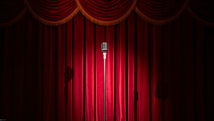 Classic microphone on stage with a deep red backdrop, highlighting a speech or musical performance
