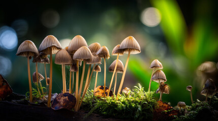 Mushrooms growing on forest floor among moss and leaves under sunlight. gardening catalogs, home-decor guides, designed for gardening and botanical catalogs, celebrates nature.