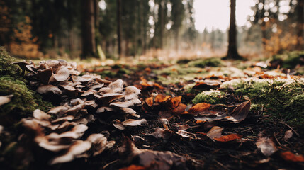Obraz premium Mushrooms growing on forest floor among moss and leaves under sunlight. gardening catalogs, home-decor guides, designed for gardening and botanical catalogs, celebrates nature.