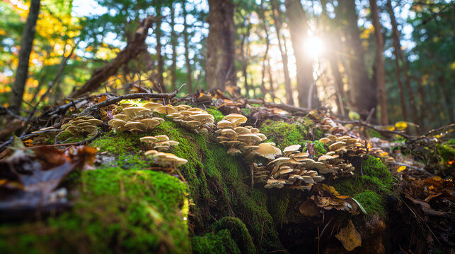 Mushrooms growing on forest floor among moss and leaves under sunlight. gardening catalogs, home-decor guides, designed for gardening and botanical catalogs, celebrates nature.