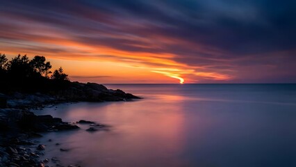 Serene Sunset Over Calm Ocean Waters at Dusk.