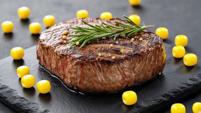 Juicy grilled beef steak topped with rosemary and mustard seed, savory corn accompanied presentation
