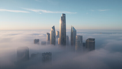 Stunning foggy city skyline with towering skyscrapers under the soft hues of morning light