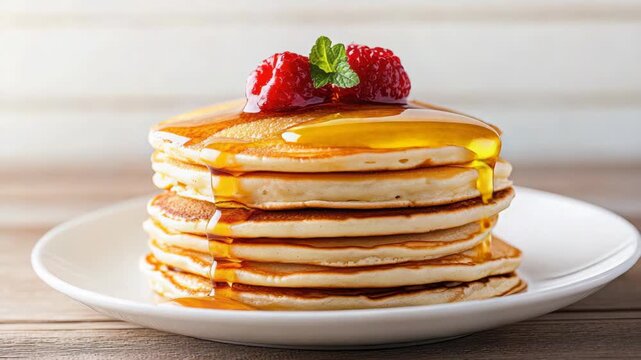 Fluffy pancake stack with syrup, raspberry garnish and mint for warm breakfast scene