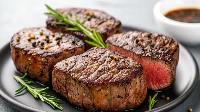 Juicy grilled beef filet mignon medallion with rosemary and pepper savory tender red center steak