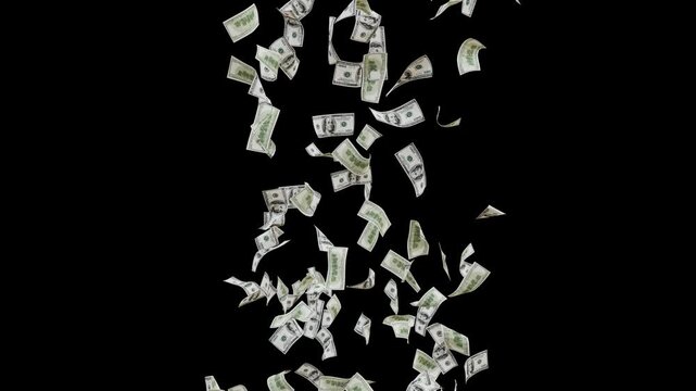 Dollar Banknotes Falling and Flying Animation with alpha chanal background. Money Rain 3D Dollars Falling Loop. USD Cash Flying and Falling Motion