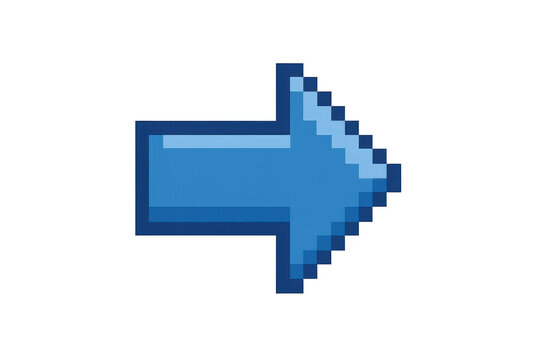 Blue pixel art arrow pointing right, indicating next step, direction, or navigation, retro arcade gaming pointer
