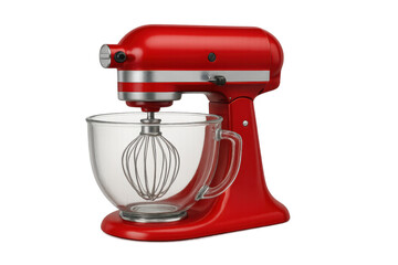 Fototapeta premium Modern red kitchen stand mixer, featuring a glass bowl and wire whisk, standing ready for baking and culinary tasks