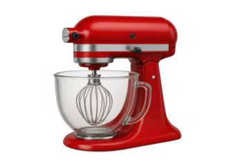 Modern red kitchen stand mixer, featuring a glass bowl and wire whisk, standing ready for baking and culinary tasks