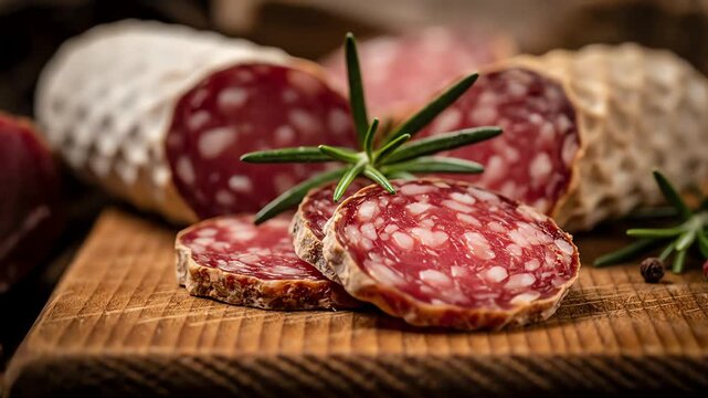 A close-up shot of delicious cured salami slices with fresh rosemary on a rustic wooden cutting board