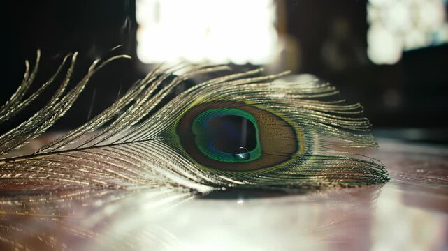 Cinematic macro view of an iridescent peacock feather resting on a reflective wooden surface with bright bokeh, illustrating natural beauty and luxury concepts