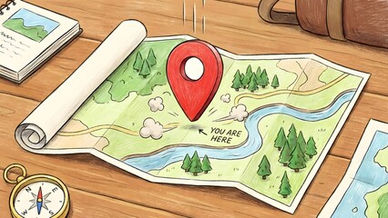 Colorful Paper Map with Location Marker and Compass on Wooden Desk.