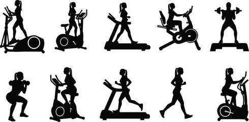 Fitness woman workout silhouette icons, set of active female running on treadmill, exercising with elliptical trainer, cycling on stationary bike, lifting weights, and performing 