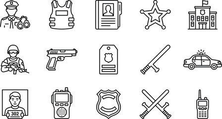 Police and law enforcement line icons set, officer weapons security badge patrol vector outline illustration collection pack design elements © MstMousumi