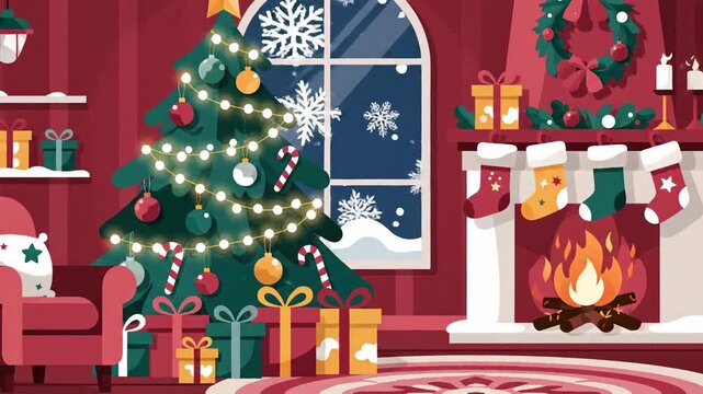 Festive holiday interior scene with decorated tree and fireplace