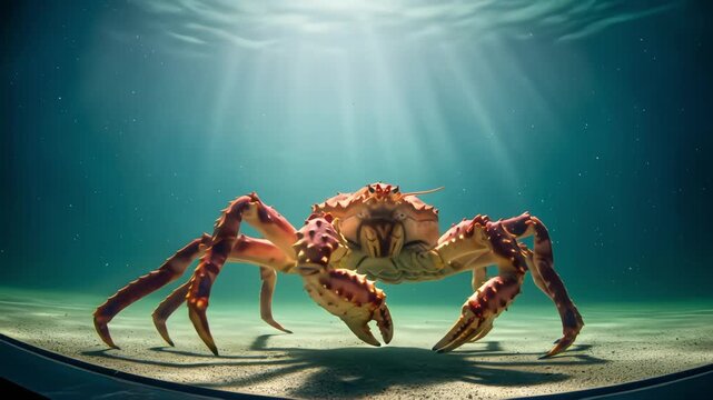 Red King Crab resting on sandy ocean floor underwater with sunbeams illuminating the deep blue sea