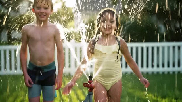 Happy children running through a garden sprinkler in a sunny backyard with water splashing and golden lens flare, capturing the joy of carefree summer childhood.
