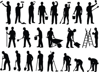 Obraz premium Silhouettes of 21 Construction Workers Performing Manual Labor Tasks with Tools, Equipment, and Safety Gear on Industrial and Maintenance Sites