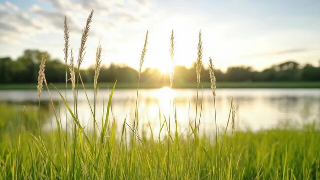 Sunrise backlight reflection on grass by lake with golden seedhead warm glow