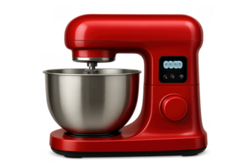 Red stand mixer appliance with stainless steel bowl, preparing ingredients for baking and cooking, transparent background