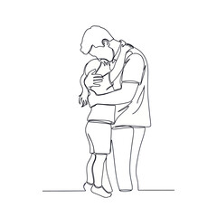 Father and Daughter Hugging Tenderly in a Minimalist Line Drawing.