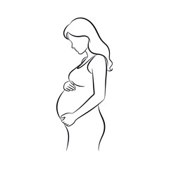 Elegant Line Art of a Pregnant Woman Holding Her Belly.
