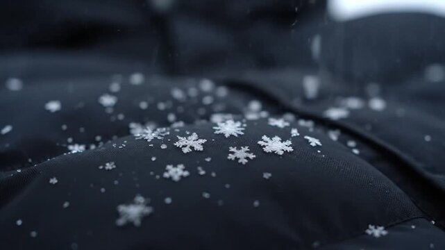 Close-up of delicate snowflakes falling and accumulating on a dark fabric surface, creating a beautiful winter texture.