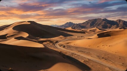 Expansive Desert Landscape with Sand Dunes and Mountain Range.
