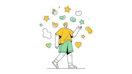 Illustration of a person playfully interacting with abstract shapes and outlines