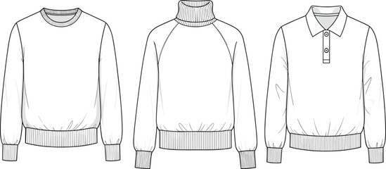 Technical Fashion Flats Vector Illustration Set: Modern Men's and Women's Long Sleeve Sweaters, Turtleneck, and Casual Polo Shirt Garment Mock-ups for Apparel Design and Branding.