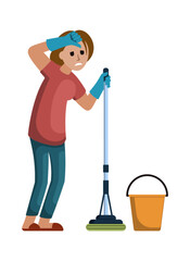 tired household. stress loaded with household duties. young tired girl washing dishes, sorting laundry, doing housework. vector cartoon concept illustration.