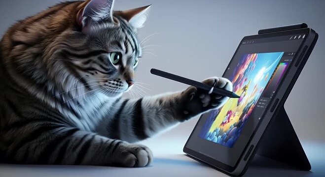 Cat engaged in digital art creation using modern tablet and stylus