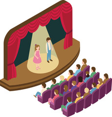 Obraz premium Isometric theater performance illustration, stage show with audience seating, live drama actors, cultural entertainment concept, modern flat design artwork