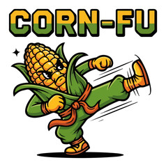 Funny Corn Pun Corn-Fu. Cartoon vegetable character practicing kung fu martial arts.