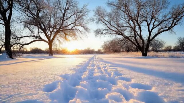 Snow snowy trail through field toward sunrise with bare trees and sunlit tracks and footprints
