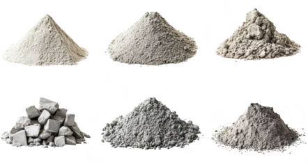 A collection of various types of construction materials including different shades of cement and concrete powders. their textures and compositions for use in building projects