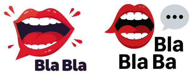 Pop Art Red Lips Shouting Bla Bla Gossip and Talk Vector Icon Set