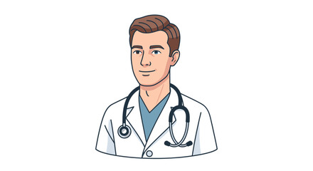 Fototapeta premium Professional Young Male Doctor Character Illustration in White Coat with Stethoscope, Representing Healthcare and Medical Expertise and Care