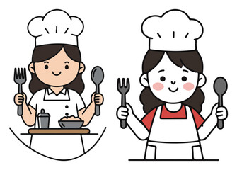Cute Girl Chef Cartoon Characters in Uniform and Apron Vector Illustration Set