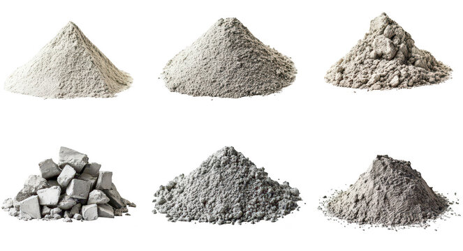 A collection of various types of construction materials including different shades of cement and concrete powders. their textures and compositions for use in building projects