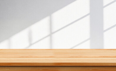 Empty Light Wooden Table with Window Shadow on White Wall Background for Product Display