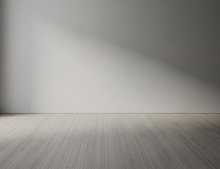 Empty Modern Minimalist Room Interior with Light Gray Wall, Wooden Floor, and Natural Sunlight Shadows