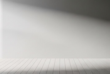 Minimalist Empty Room Interior with Light Gray Wall and Wooden Floor with Natural Light and Shadows, Ideal for Product Display or Background